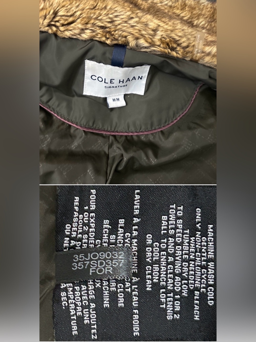 Cole Haan Signature Olive Green Down Puffer Hooded Jacket with Faux-Fur Medium - Picture 15 of 15